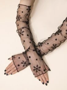 1pair Women's Snowflake Pattern Breathable Decorative Long Gloves For Wedding - Black - View 4