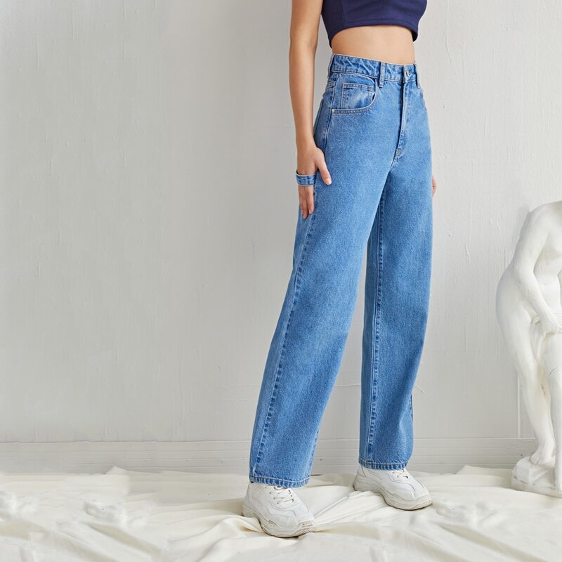 

High Waist Strap Detail Jeans, Light wash