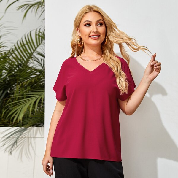 

Plus V-neck Batwing Sleeve Solid Blouse, Rose red