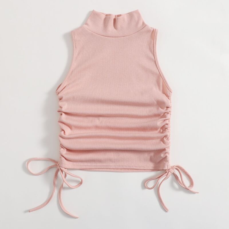 

Solid High Neck Drawstring Side Ribbed Vest, Coral pink