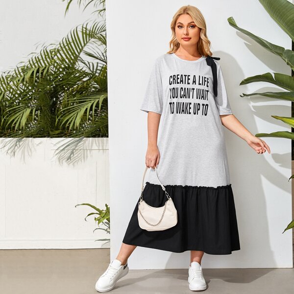 

Plus Slogan Graphic Ruffle Hem Smock Dress, Multicolor
