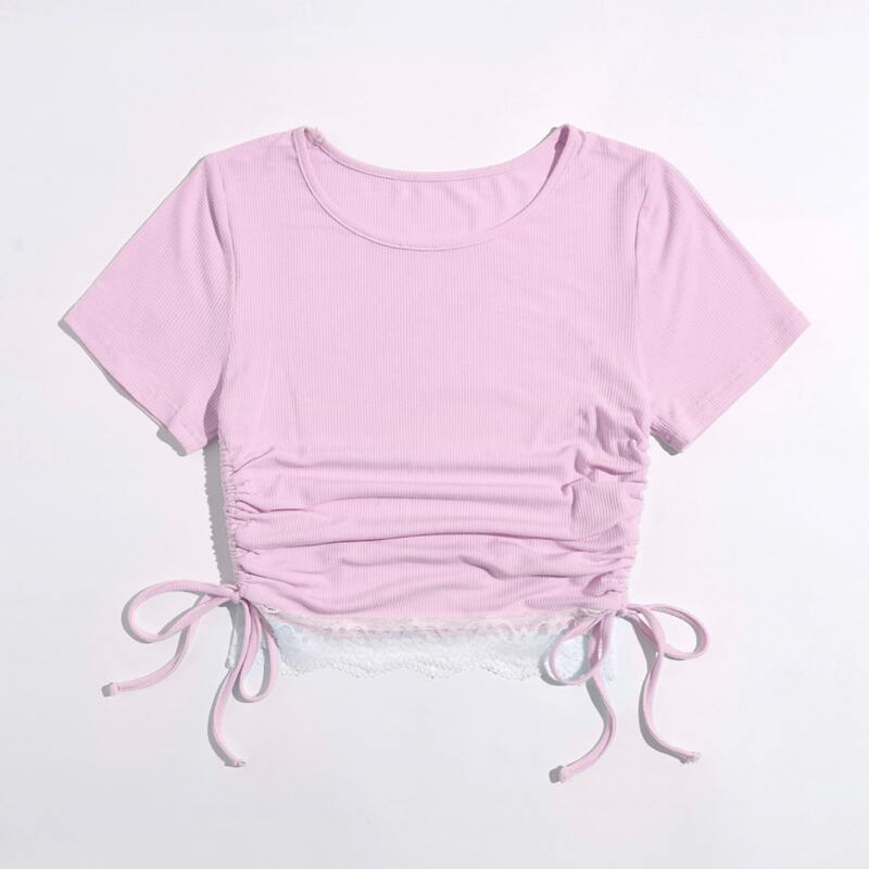 

Contrast Lace Drawstring Side Ribbed Tee, Pink