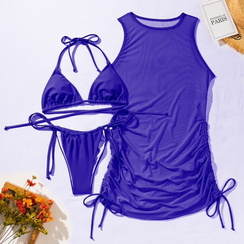 

3pack Triangle Thong Bikini Swimsuit & Cover Up, Royal blue
