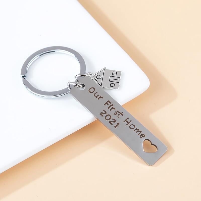 

Slogan Pattern Charm Keychain, Silver