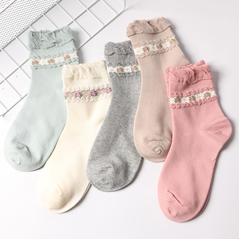 

5pairs Flower Crew Socks, Multicolor