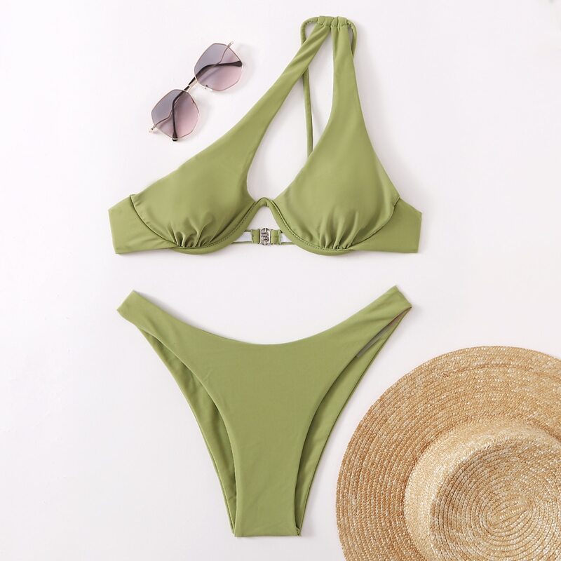 

Solid One Shoulder Underwire Bikini Swimsuit, Green
