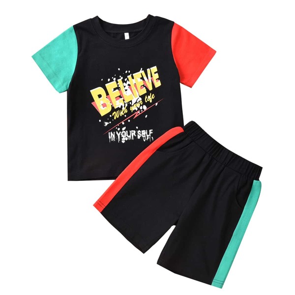 

Toddler Boys Colorblock Slogan Graphic Tee With Track Shorts, Multicolor