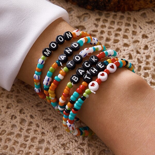 

6pcs Letter Decor Beaded Bracelet, Multicolor