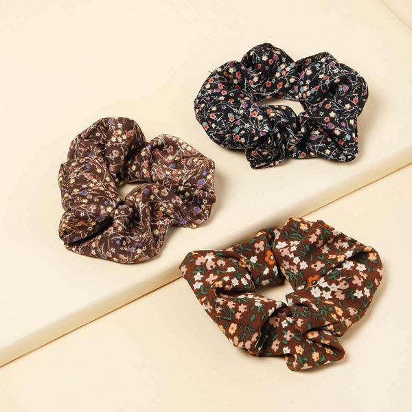 

3pcs Flower Print Scrunchies, Multicolor