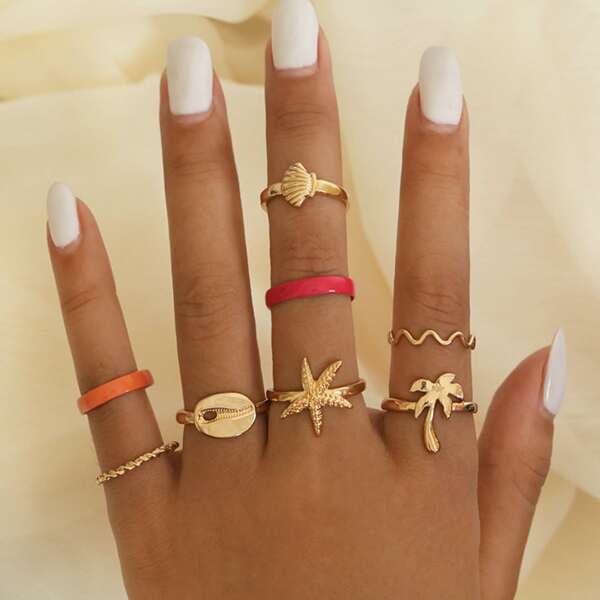 

8pcs Shell & Starfish Decor Ring, Gold