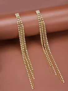 Rhinestone Tassel Drop Earrings - Yellow Gold - View 1