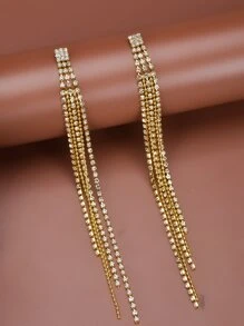 Rhinestone Tassel Drop Earrings - Yellow Gold - View 3