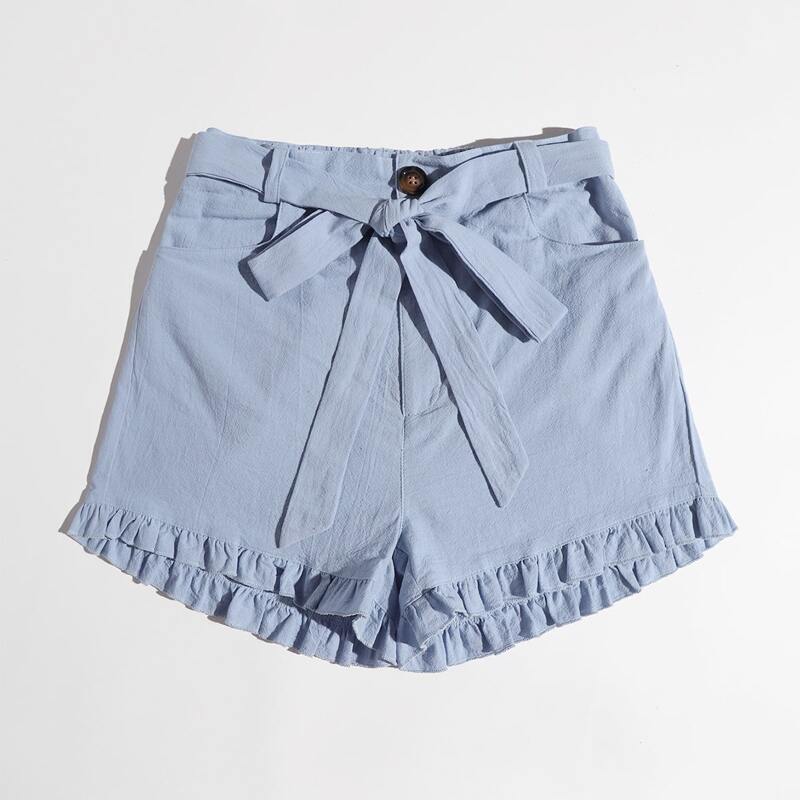 

Solid Frill Belted Shorts, Dusty blue