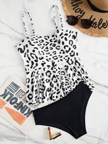 SHEIN Swim 夏日海滩豹纹荷叶边下摆比基尼 - 黑與白 - 查看 1