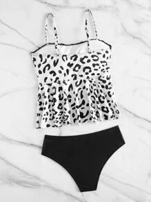 SHEIN Swim 夏日海滩豹纹荷叶边下摆比基尼 - 黑與白 - 查看 2