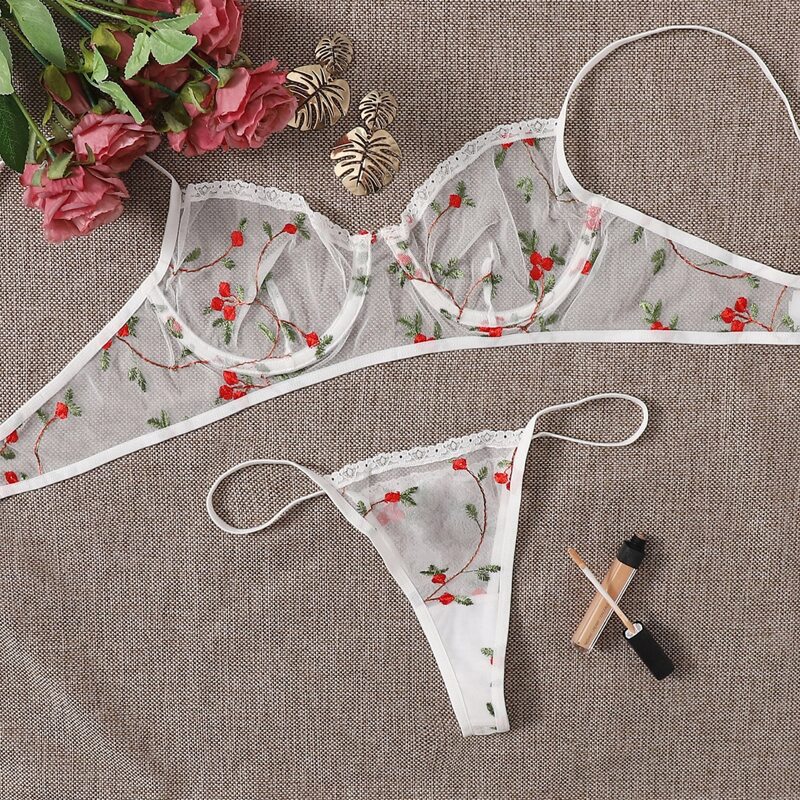 

Ditsy Flower Sheer Mesh Lingerie Set, White