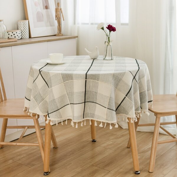 

1pc Tassel Decor Plaid Pattern Tablecloth, Multicolor