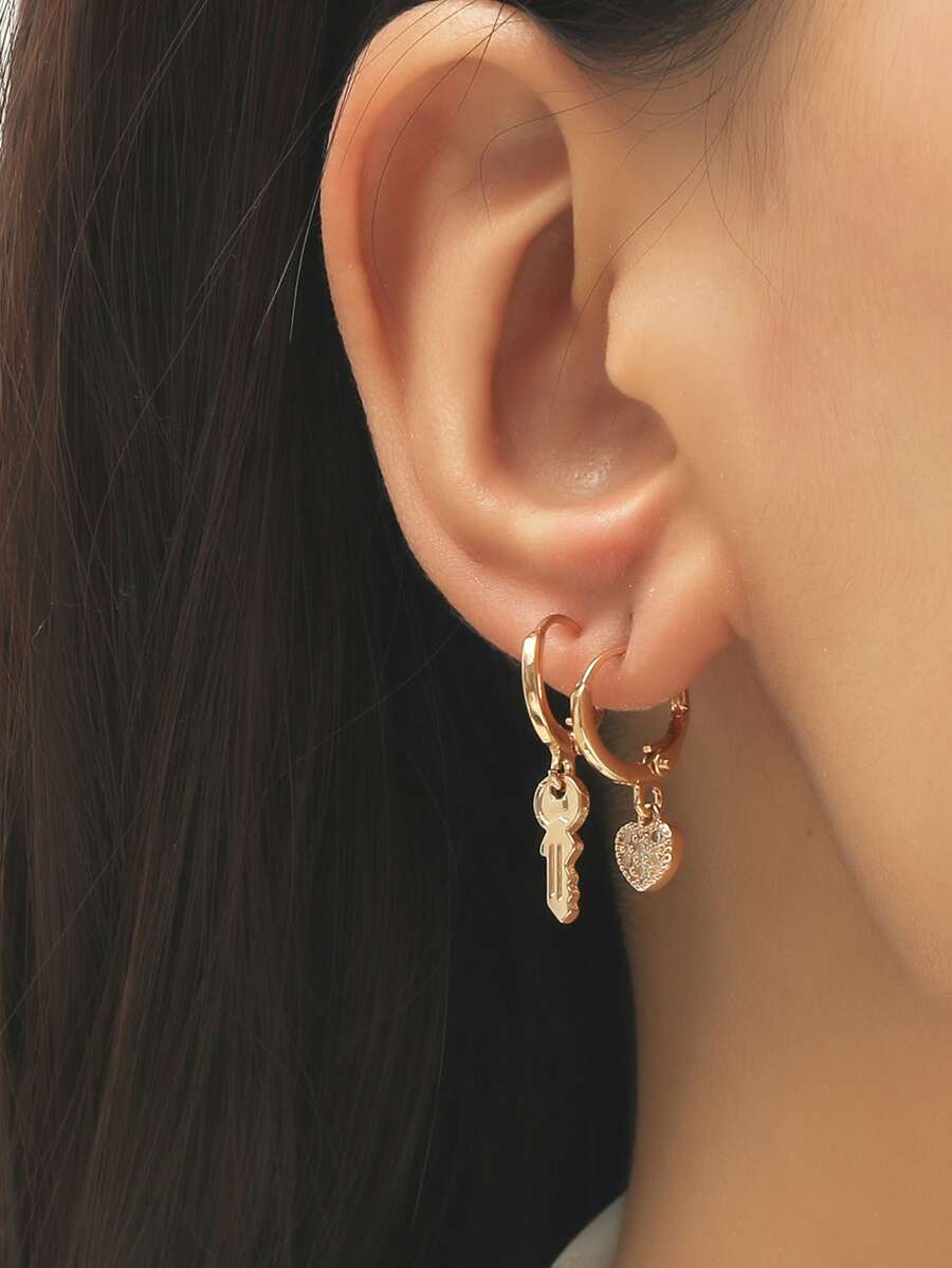 2pairs Key & Heart Charm Drop Earrings Valentines,Mom,Mother,Mother's Day,Gift - Yellow Gold - View 1