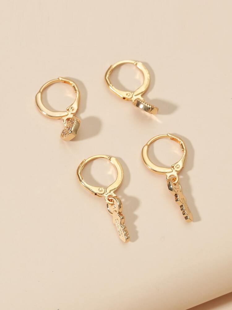 2pairs Key & Heart Charm Drop Earrings Valentines,Mom,Mother,Mother's Day,Gift