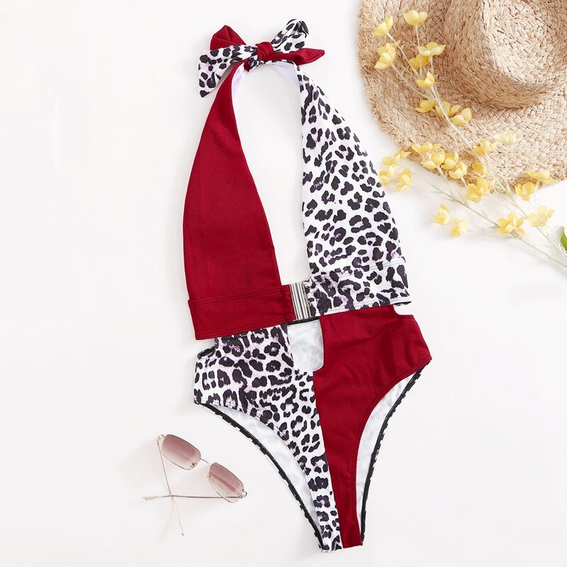 

Leopard Spliced Plunging One Piece Swimsuit, Multicolor