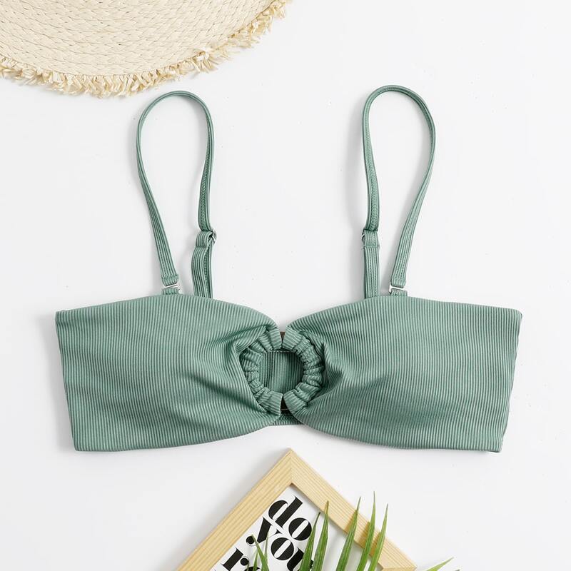

Ribbed Ring Decor Bikini Top, Green