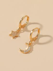 2pcs Copper Five-Pointed Star & Moon Stud Earrings Inlaid With , Suitable For Women's Daily Wear, Dating, Parties, Etc. - Yellow Gold - View 1