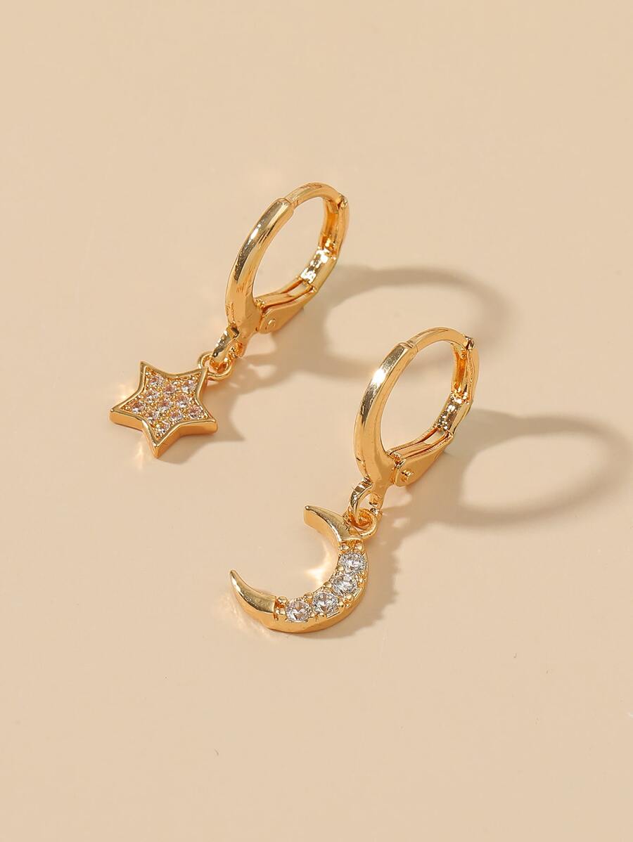 2pcs Copper Five-Pointed Star & Moon Stud Earrings Inlaid With , Suitable For Women's Daily Wear, Dating, Parties, Etc. - Yellow Gold - View 1