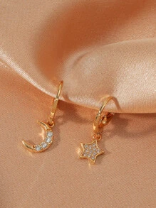 2pcs Copper Five-Pointed Star & Moon Stud Earrings Inlaid With , Suitable For Women's Daily Wear, Dating, Parties, Etc. - Yellow Gold - View 2