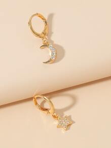 2pcs Copper Five-Pointed Star & Moon Stud Earrings Inlaid With , Suitable For Women's Daily Wear, Dating, Parties, Etc. - Yellow Gold - View 3