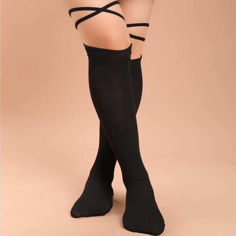 

1pair Criss Cross Over The Knee Socks, Black