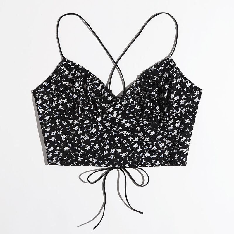 

Ditsy Flower Lace Up Crop Cami, Black