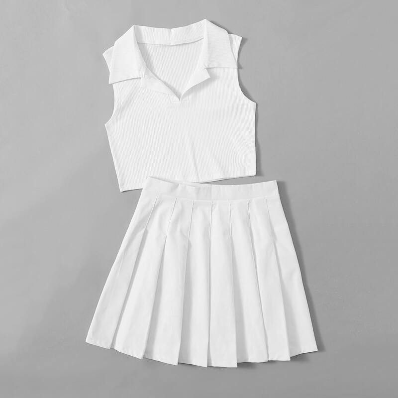 

Solid Collar Ribbed Tank Top & Pleated Skirt, White