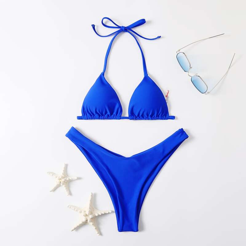 

Solid Triangle High Leg Bikini Swimsuit, Royal blue
