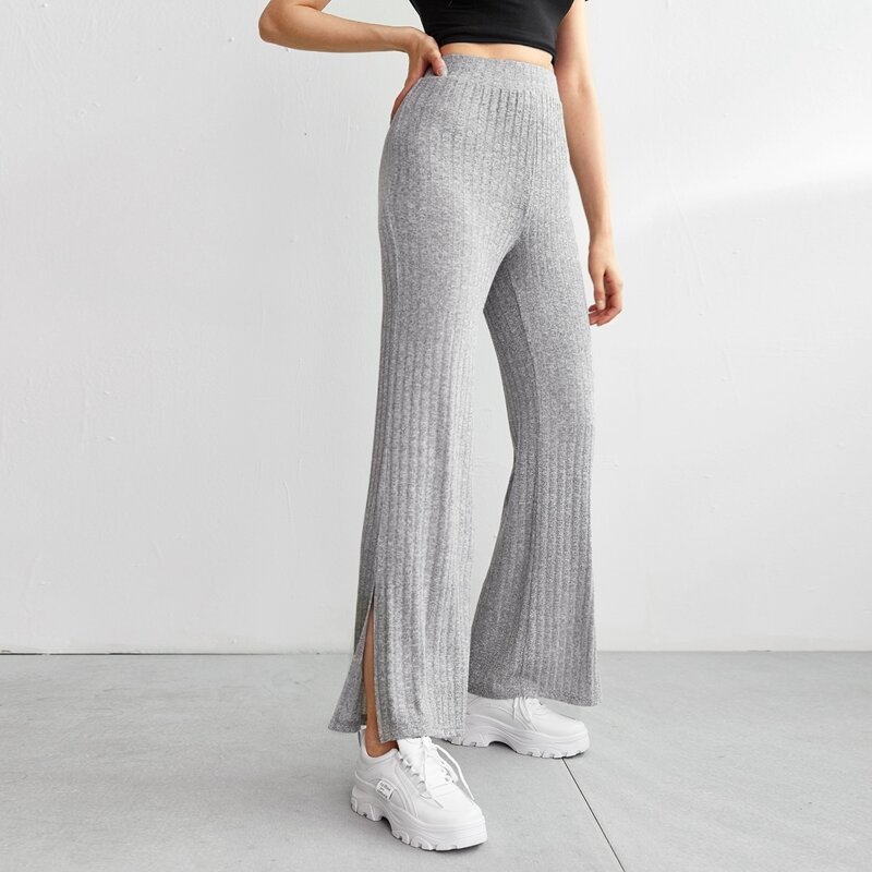 

Solid Ribbed High Waist Split Pants, Light grey