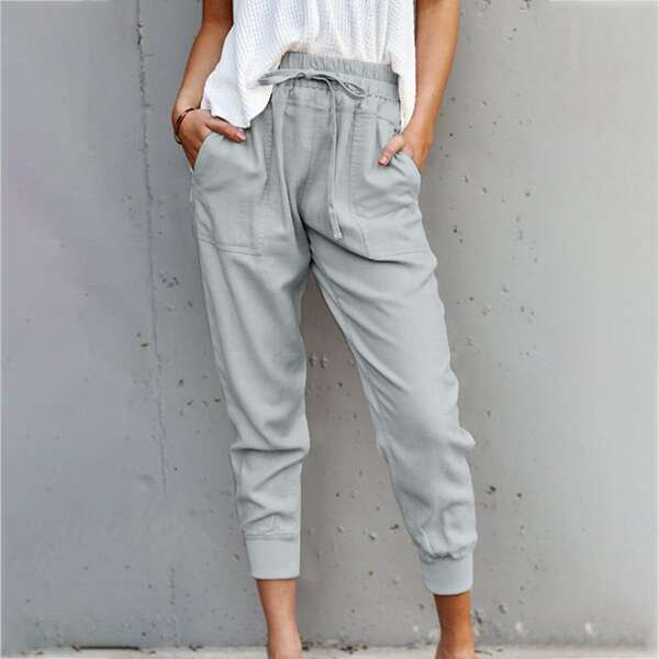 

Drawstring Waist Solid Capris Carrot Pants, Light grey