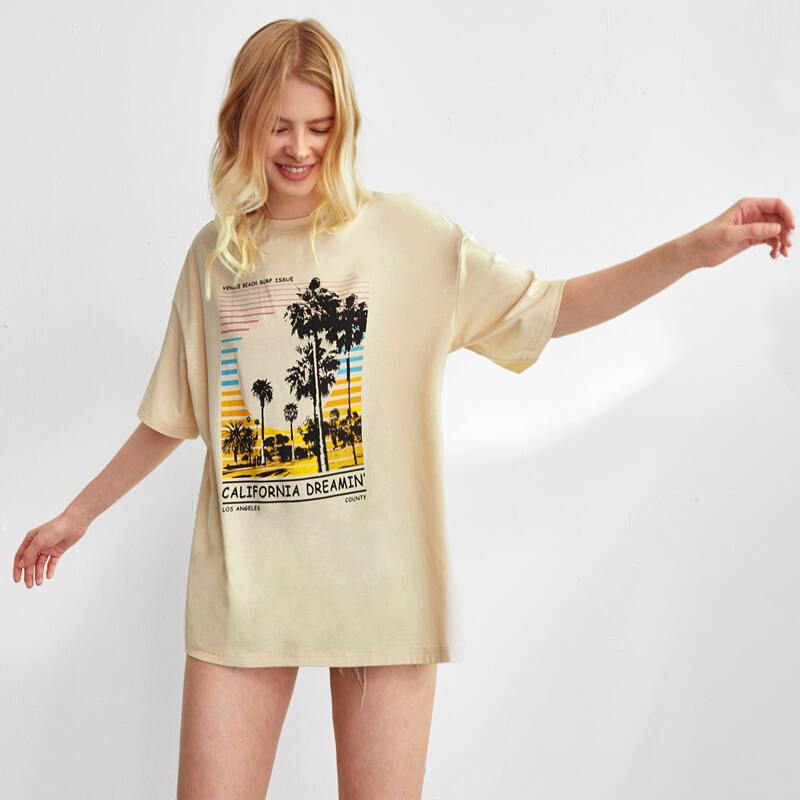 Letter Tropical Graphic Oversized Tee, Apricot