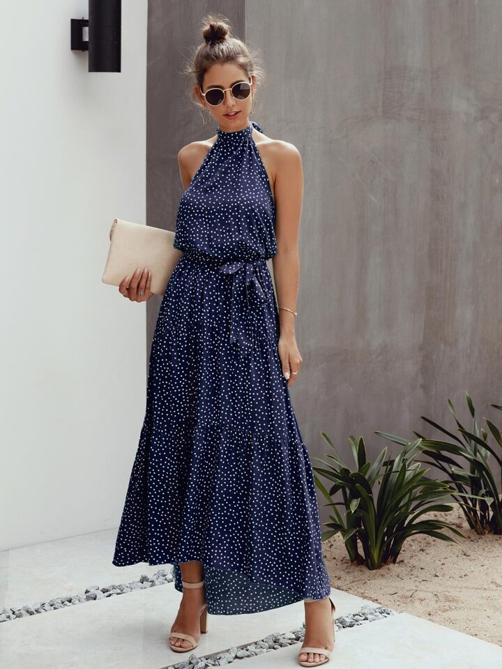 polka dot belted halter dress Halpern Polka-Dot Plisse Belted Halter Midi Dress