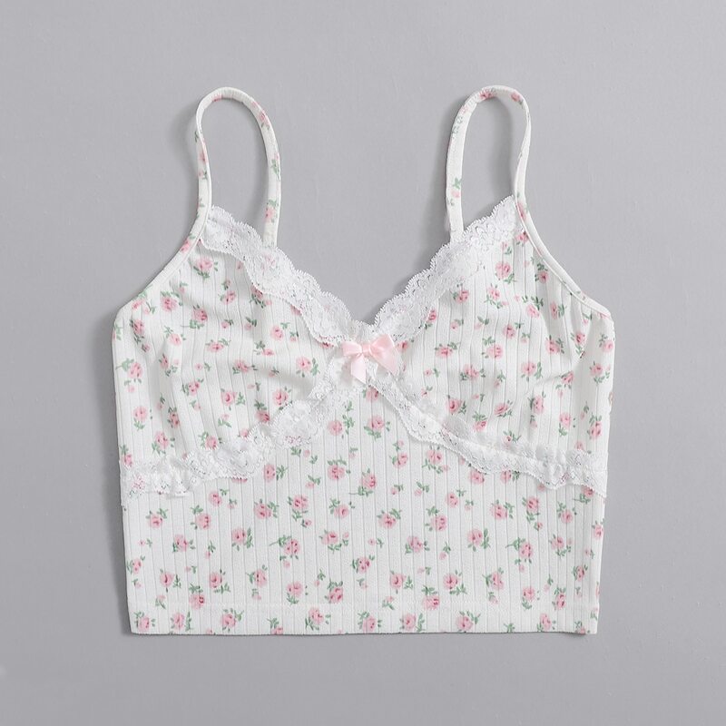 

Ditsy Flower Contrast Lace Bow Crop Cami, Multicolor