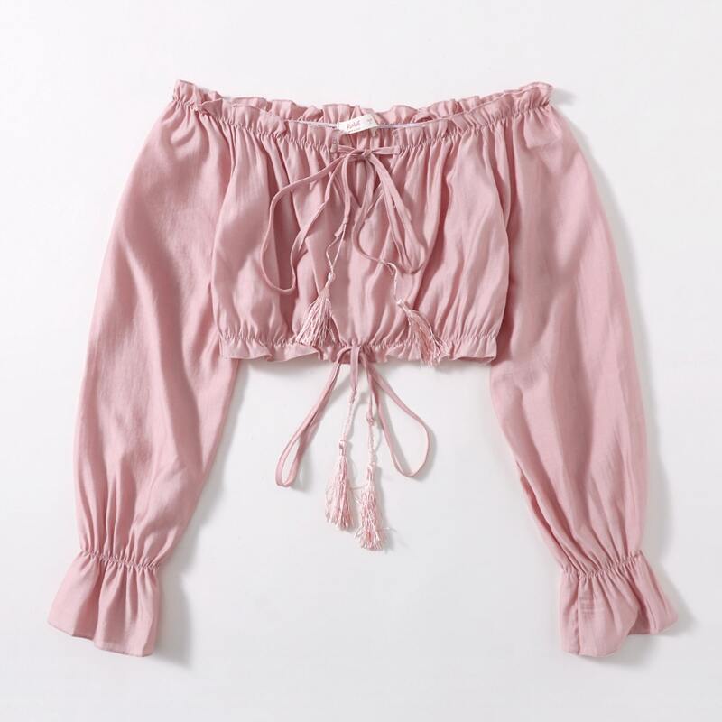

Off Shoulder Frill Trim Crop Top, Dusty pink
