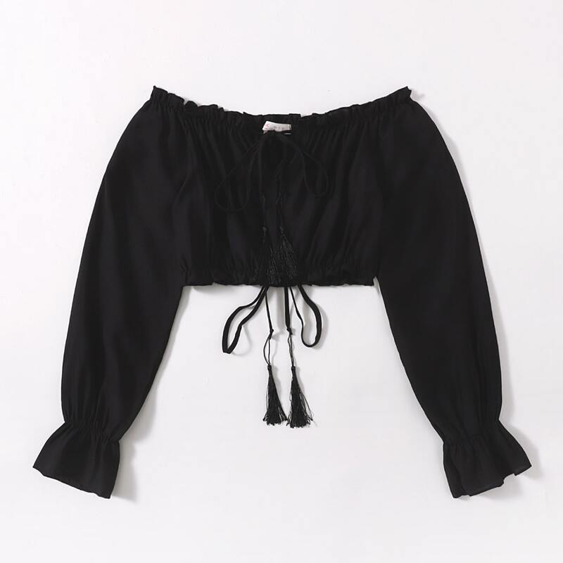 

Off Shoulder Frill Trim Crop Top, Black