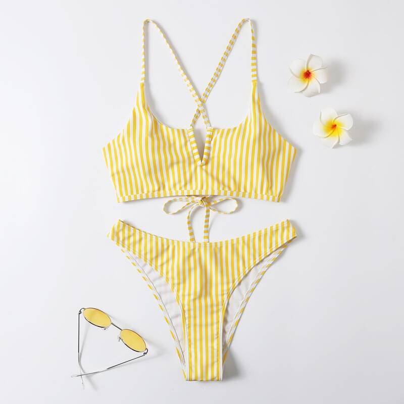 

Stripe Lace-up Back Bikini Swimsuit, Yellow