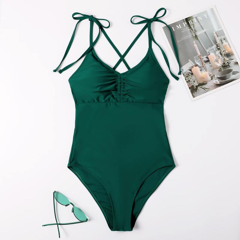 

Ruched Tie Shoulder One Piece Swimsuit, Dark green