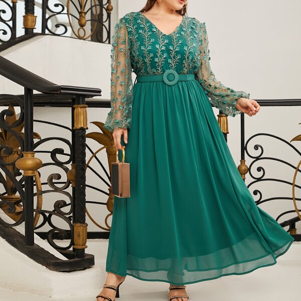 

Plus Contrast Embroidered Mesh A-line Dress, Green
