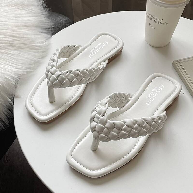 

Braided Flat Thong Sandals, Beige