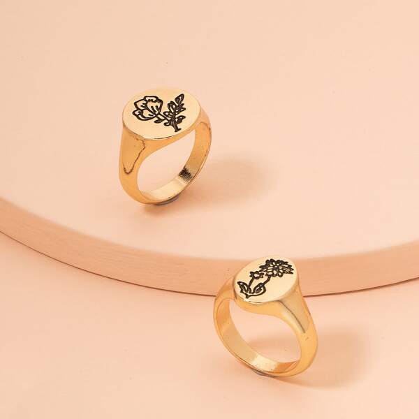 

2pcs Flower Detail Ring, Gold