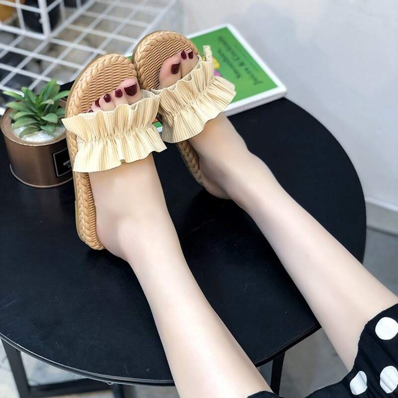 

Ruffle Band Slide Sandals, Beige