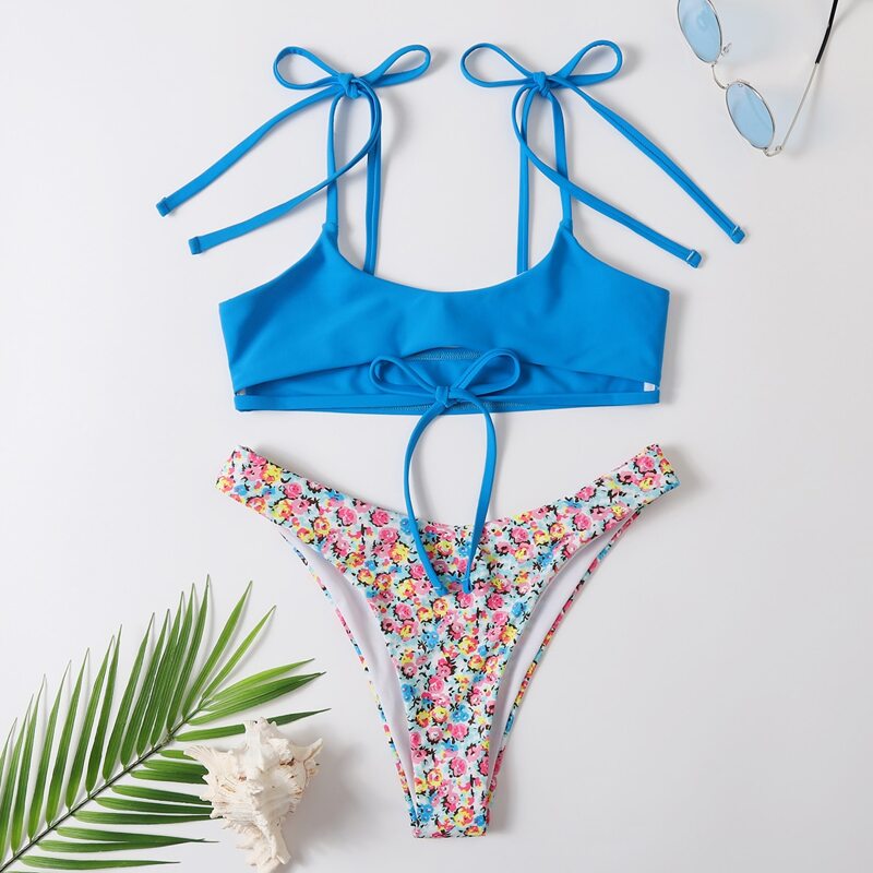 

Ditsy Floral Tie Shoulder Bikini Swimsuit, Multicolor
