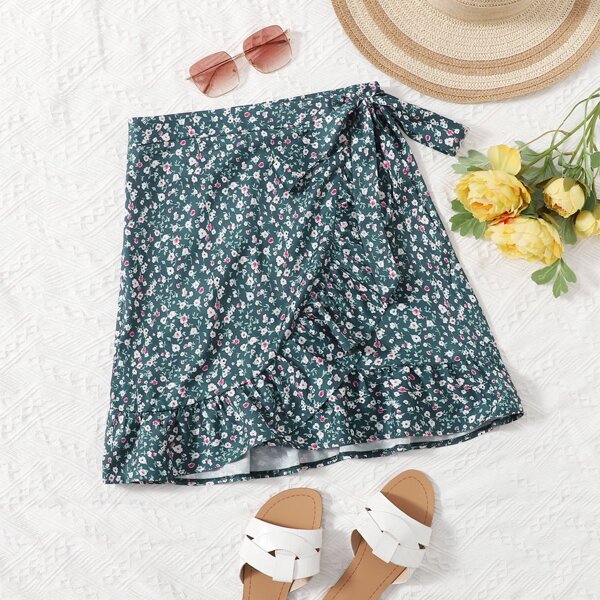 

Ruffle Trim Wrap Tie Side Ditsy Floral Skirt, Multicolor