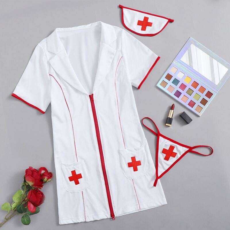 

3pack Zip Front Lapel Neck Nurse Dress & Thong, Red and white