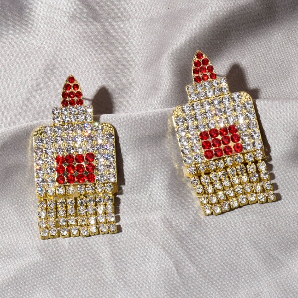 

Rhinestone Decor Lipstick Design Earrings, Gold
